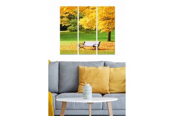 Trelerretsbilde i tre, 3 deler, 50x70 cm - Høstlandskap med benk omgitt av gyldne løvtrær - Gull / Grønn - Interiør - Maleri & posters - Lerretsbilder