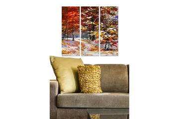 Trelerretsbilde i tre, 3 deler, 50x70 cm - Høstlandskap med fargerike trær og snødekt bakke - Rød / Gul / Hvit - Interiør - Maleri & posters - Lerretsbilder