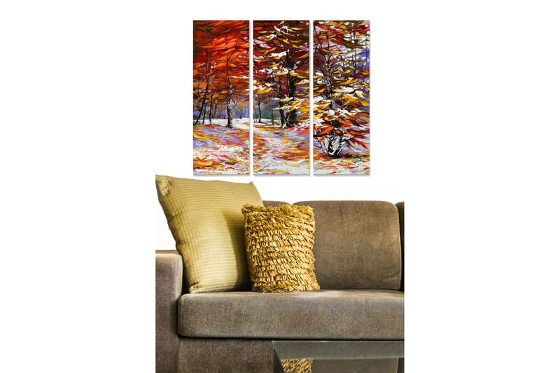 Trelerretsbilde i tre, 3 deler, 50x70 cm - Høstlandskap med fargerike trær og snødekt bakke, Rød / Gul / Hvit