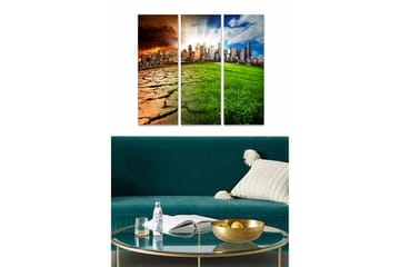 Trelerretsbilde i tre, 3 deler, 50x70 cm - Kontrast mellom en tørr ørken og et frodig bymiljø - Oransje / Grønn / Blå - Interiør - Maleri & posters - Lerretsbilder