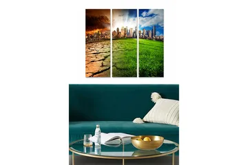 Trelerretsbilde i tre, 3 deler, 50x70 cm - Kontrast mellom en tørr ørken og et frodig bymiljø - Oransje / Grønn / Blå - Interiør - Maleri & posters - Lerretsbilder