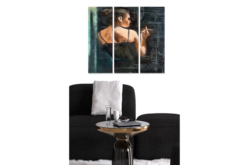 Trelerretsbilde i tre, 3 deler, 50x70 cm - Kvinnelig silhuett som vender ryggen til betrakteren og holder en sigarett, Mørk blå / Hudfarge / Svart