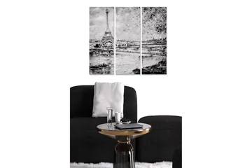 Trelerretsbilde i tre, 3 deler, 50x70 cm - Silhuett av Eiffeltårnet på Seinen i Paris - Svart / Hvit / Grå - Interiør - Maleri & posters - Lerretsbilder