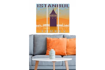 Trelerretsbilde i tre, 3 deler, 50x70 cm - Silhuett av Istanbul med Galatatårnet i fokus - Oransje / Lilla / Blå - Interiør - Maleri & posters - Lerretsbilder