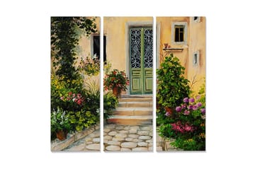 Trelerretsbilde i tre, 3 deler, 50x70 cm - Sjarmerende inngang med blomstrende hage - Grønn / Rosa / Gul - Interiør - Maleri & posters - Lerretsbilder