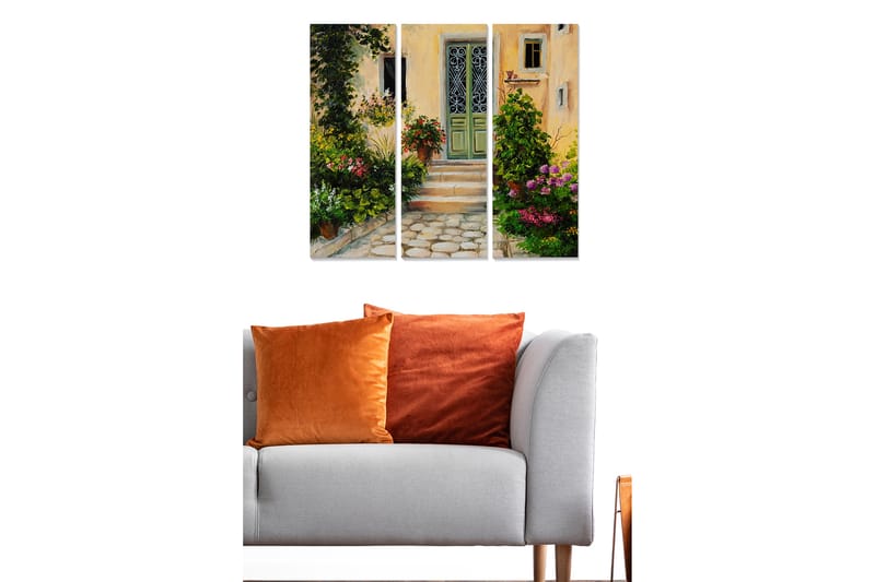 Trelerretsbilde i tre, 3 deler, 50x70 cm - Sjarmerende inngang med blomstrende hage - Grønn / Rosa / Gul - Interiør - Maleri & posters - Lerretsbilder