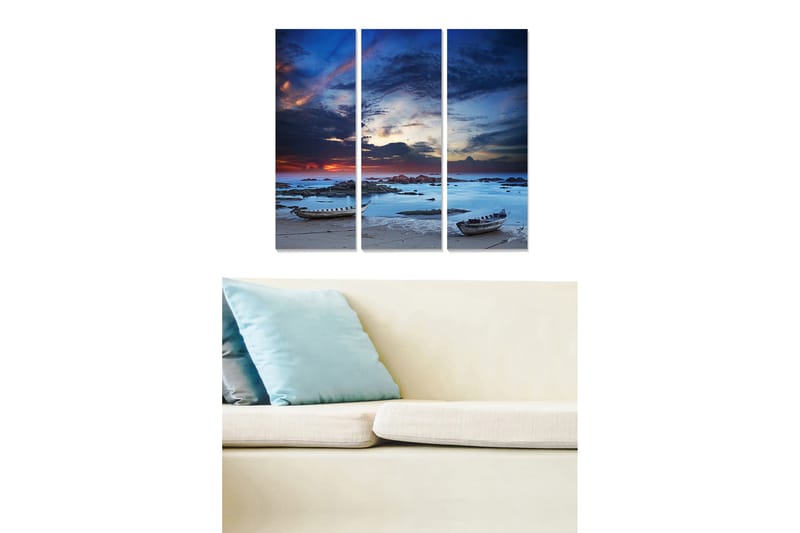 Trelerretsbilde i tre, 3 deler, 50x70 cm - Stemningsfullt sjølandskap med båter ved solnedgang, Mørk blå / Lys blå / Oransje