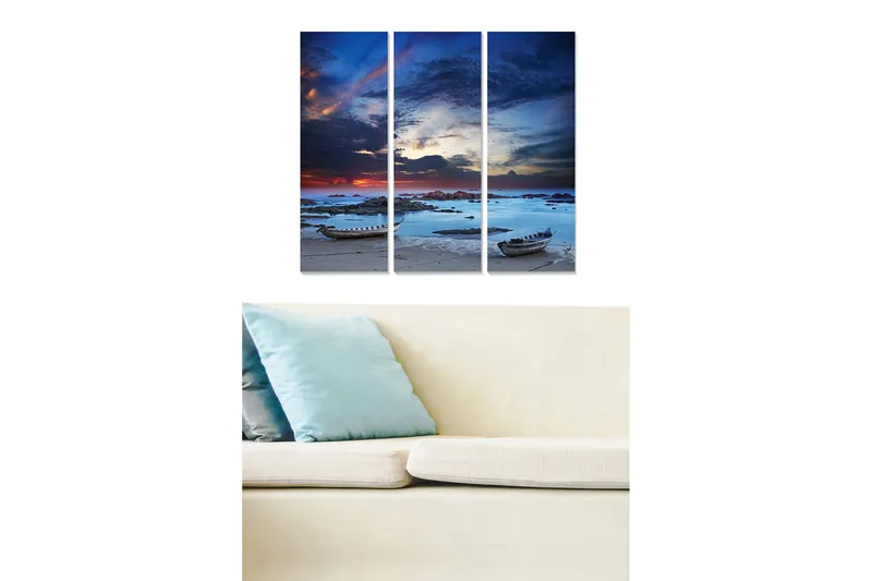 Trelerretsbilde i tre, 3 deler, 50x70 cm - Stemningsfullt sjølandskap med båter ved solnedgang, Mørk blå / Lys blå / Oransje