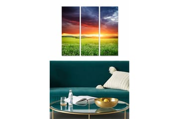 Trelerretsbilde i tre, 3 deler, 50x70 cm - Storslått solnedgang over en grønn eng - Grønn / Oransje / Blå - Interiør - Maleri & posters - Lerretsbilder
