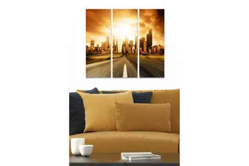 Trelerretsbilde i tre, 3 deler, 50x70 cm - Storslått utsikt over byen ved solnedgang - Gull / Brun / Svart - Interiør - Maleri & posters - Lerretsbilder