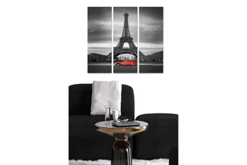 Trelerretsbilde i tre, 3 deler, 50x70 cm - Svart-hvitt-bilde av Eiffeltårnet med en rød bil i forgrunnen - Rød / Svart / Grå - Interiør - Maleri & posters - Lerretsbilder