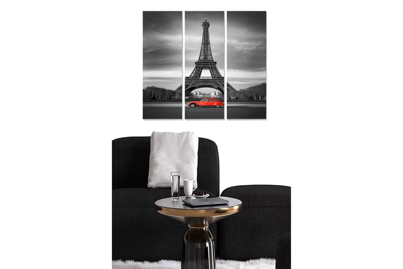 Trelerretsbilde i tre, 3 deler, 50x70 cm - Svart-hvitt-bilde av Eiffeltårnet med en rød bil i forgrunnen, Rød / Svart / Grå