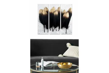 Trelerretsbilde i tre, 3 deler, 50x70 cm - Svarte og gullfargede fjær i en elegant komposisjon - Svart / Gull - Interiør - Maleri & posters - Lerretsbilder