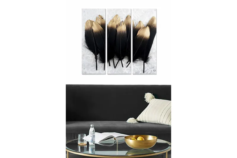 Trelerretsbilde i tre, 3 deler, 50x70 cm - Svarte og gullfargede fjær i en elegant komposisjon, Svart / Gull