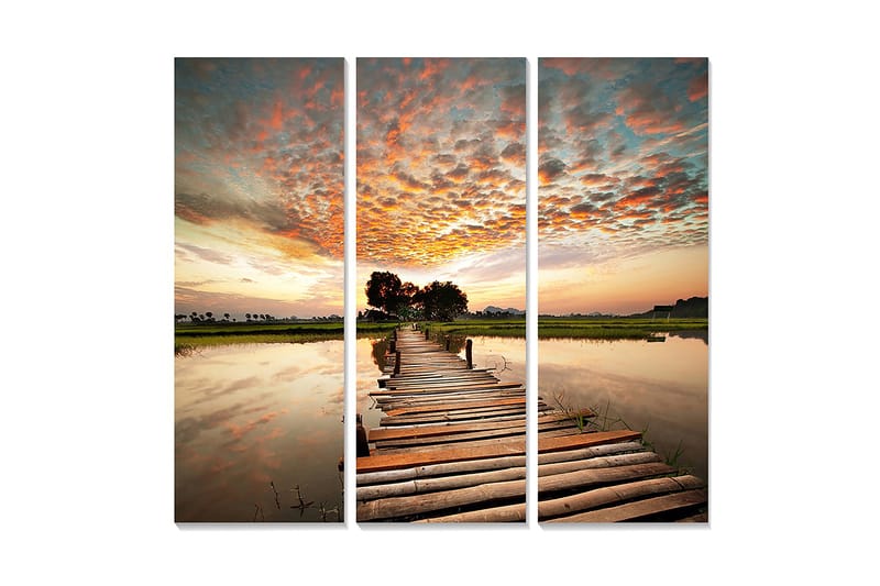 Trelerretsbilde i tre, 3 deler, 50x70 cm - Vakker solnedgang over en trebro som strekker seg over stille vann, Oransje / Blå / Grønn