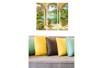 Trelerretsbilde i tre, 3 deler, 50x70 cm - Vakker utsikt over en middelhavshavn med blomster og søyleganger - Grønn / Lilla / Gull - Interiør - Maleri & posters - Lerretsbilder