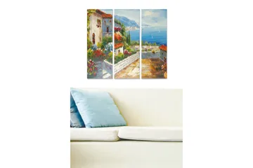 Trelerretsbilde i tre, 3 deler, 50x70 cm - Vakker utsikt over en middelhavsinspirert landsby med blomster og havet i bakgrunnen - Grønn / Blå / Terrakotta - Interiør - Maleri & posters - Lerretsbilder