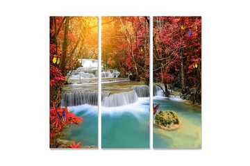 Trelerretsbilde i tre, 3 deler, 50x70 cm - Vakkert fossefall omgitt av høstfargede trær og sommerfugler - Rød / Blå / Turkis - Interiør - Maleri & posters - Lerretsbilder
