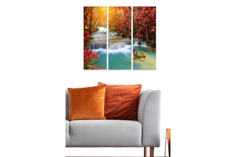 Trelerretsbilde i tre, 3 deler, 50x70 cm - Vakkert fossefall omgitt av høstfargede trær og sommerfugler - Rød / Blå / Turkis - Interiør - Maleri & posters - Lerretsbilder