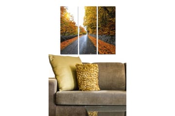 Trelerretsbilde i tre, 3 deler, 50x70 cm - Vakkert høstlandskap med en vei omgitt av fargerike trær og falne blader - Oransje / Gull / Grønn - Interiør - Maleri & posters - Lerretsbilder