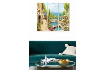 Trelerretsbilde i tre, 3 deler, 50x70 cm - Vakkert landskap med en rolig vannkilde og blomstrende omgivelser - Grønn / Blå / Rosa - Interiør - Maleri & posters - Lerretsbilder