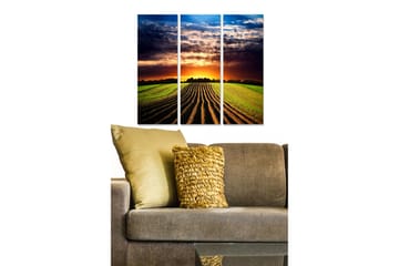 Trelerretsbilde i tre, 3 deler, 50x70 cm - Vakkert landskap med solnedgang over åkre - Grønn / Oransje / Blå - Interiør - Maleri & posters - Lerretsbilder