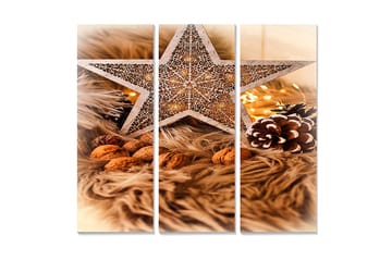Trelerretsbilde i tre, 3-delt, 50x70 cm - Dekorativ stjerne med julestemning omgitt av nøtter og grangrener - Beige / Brun / Gull - Interiør - Maleri & posters - Lerretsbilder
