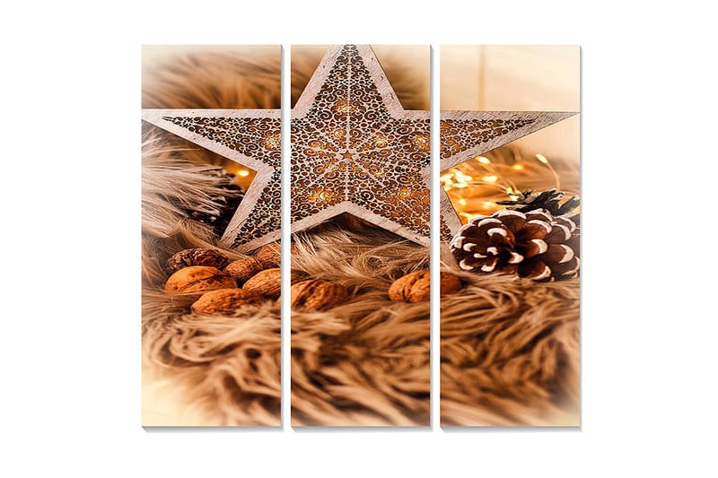 Trelerretsbilde i tre, 3-delt, 50x70 cm - Dekorativ stjerne med julestemning omgitt av nøtter og grangrener, Beige / Brun / Gull