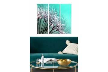 Trelerretsbilde i tre, 3-delt, 50x70 cm - Delikat blomsterkomposisjon med vanndråper - Turkis / Hvit / Rosa - Interiør - Maleri & posters - Lerretsbilder