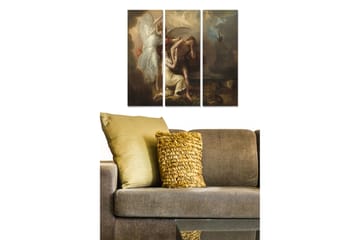 Trelerretsbilde i tre, 3-delt, 50x70 cm - Dramatisk landskap med en engel som beskytter en kvinne og en mann i en konflikt - Mørk brun / Hvit / Rød - Interiør - Maleri & posters - Lerretsbilder