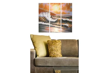 Trelerretsbilde i tre, 3-delt, 50x70 cm - Dramatiske havbølger under en solnedgang - Oransje / Blå / Hvit - Interiør - Maleri & posters - Lerretsbilder