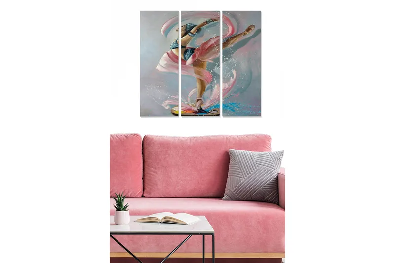 Trelerretsbilde i tre, 3-delt, 50x70 cm - Dynamisk ballettpositur med fargerike stoffbiter som svever rundt danseren, Rosa / Blå / Beige