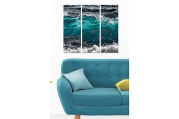 Trelerretsbilde i tre, 3-delt, 50x70 cm - Dynamiske bølger i turkis og svart - Turkis / Svart - Interiør - Maleri & posters - Lerretsbilder