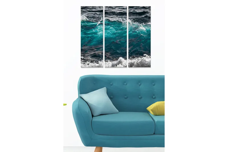 Trelerretsbilde i tre, 3-delt, 50x70 cm - Dynamiske bølger i turkis og svart, Turkis / Svart