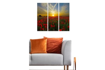 Trelerretsbilde i tre, 3-delt, 50x70 cm - En eng med røde valmuer og en solnedgang i bakgrunnen - Rød / Grønn / Gul - Interiør - Maleri & posters - Lerretsbilder