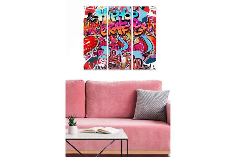 Trelerretsbilde i tre, 3-delt, 50x70 cm - Fargerik graffiti med urbane elementer og hjertemotiver, Rød / Blå / Rosa