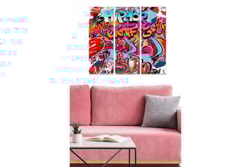 Trelerretsbilde i tre, 3-delt, 50x70 cm - Fargerik graffiti med urbane elementer og hjertemotiver - Rød / Blå / Rosa - Interiør - Maleri & posters - Lerretsbilder