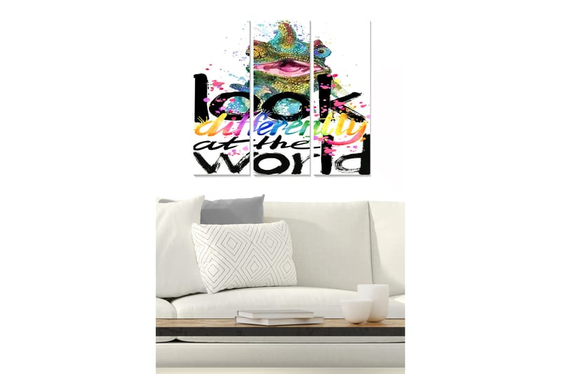 Trelerretsbilde i tre, 3-delt, 50x70 cm - Fargerik kameleon med inspirerende tekst, Grønn / Rosa / Svart