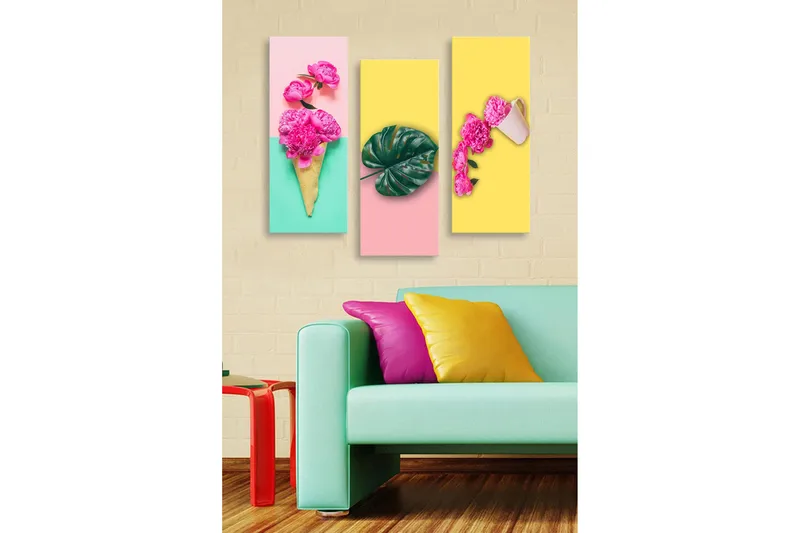 Trelerretsbilde i tre, 3-delt, 50x70 cm - Fargerik komposisjon med blomster og blader i en glasskjegle som strekker seg over tre paneler, Rosa / Grønn / Gul