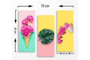 Trelerretsbilde i tre, 3-delt, 50x70 cm - Fargerik komposisjon med blomster og blader i en glasskjegle som strekker seg over tre paneler - Rosa / Grønn / Gul - Interiør - Maleri & posters - Lerretsbilder