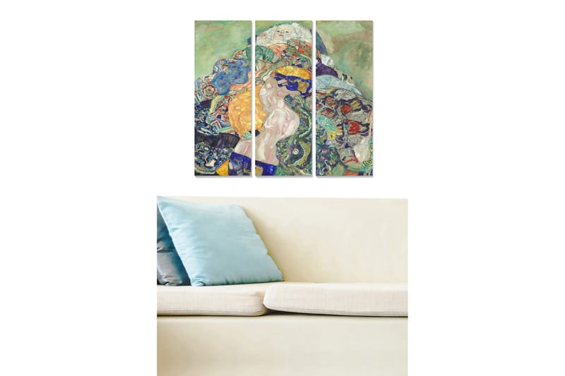 Trelerretsbilde i tre, 3-delt, 50x70 cm - Fargerik komposisjon med en naken kvinne omgitt av mønstrede elementer, Grønn / Blå / Oransje