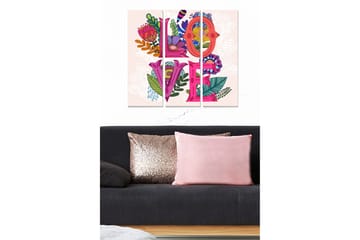 Trelerretsbilde i tre, 3-delt, 50x70 cm - Fargerik komposisjon med ordet LOVE omgitt av blomster og blader - Rosa / Grønn / Lilla - Interiør - Maleri & posters - Lerretsbilder