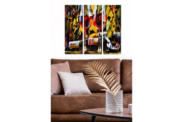 Trelerretsbilde i tre, 3-delt, 50x70 cm - Fargerik komposisjon med vin og musikalske elementer - Rød / Gul / Grønn - Interiør - Maleri & posters - Lerretsbilder