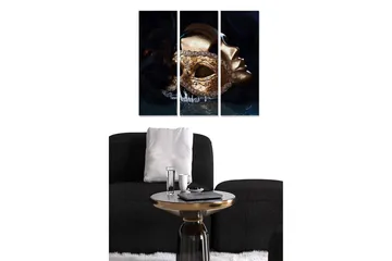 Trelerretsbilde i tre, 3-delt, 50x70 cm - Gullmaske med intrikate detaljer og en mystisk følelse - Gull / Svart / Mørk blå - Interiør - Maleri & posters - Lerretsbilder