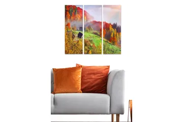 Trelerretsbilde i tre, 3-delt, 50x70 cm - Høstlandskap med fargerike trær og tåke - Rød / Oransje / Grønn - Interiør - Maleri & posters - Lerretsbilder