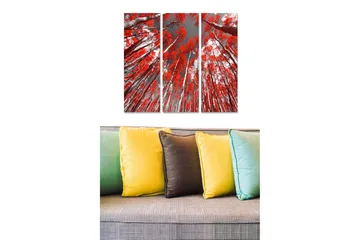 Trelerretsbilde i tre, 3-delt, 50x70 cm - Høye trær med brennende røde blader mot en grå himmel - Rød / Grå - Interiør - Maleri & posters - Lerretsbilder