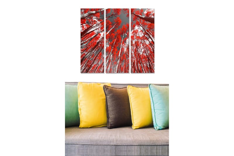 Trelerretsbilde i tre, 3-delt, 50x70 cm - Høye trær med brennende røde blader mot en grå himmel, Rød / Grå