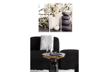 Trelerretsbilde i tre, 3-delt, 50x70 cm - Harmonisk komposisjon av blomster, lys og steiner - Hvit / Grå / Mørk lilla - Interiør - Maleri & posters - Lerretsbilder