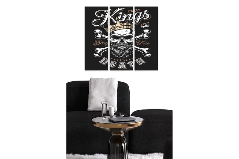 Trelerretsbilde i tre, 3-delt, 50x70 cm - Hodeskalle med kryssede bein og teksten Kings till Death, Svart / Hvit / Gull