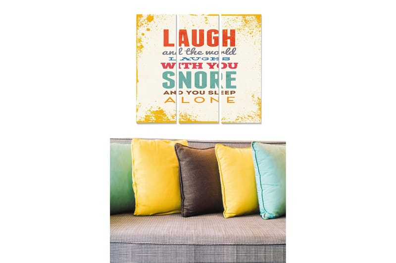 Trelerretsbilde i tre, 3-delt, 50x70 cm - Humoristisk typografi med sitater om latter og søvn, Gul / Rød / Turkis